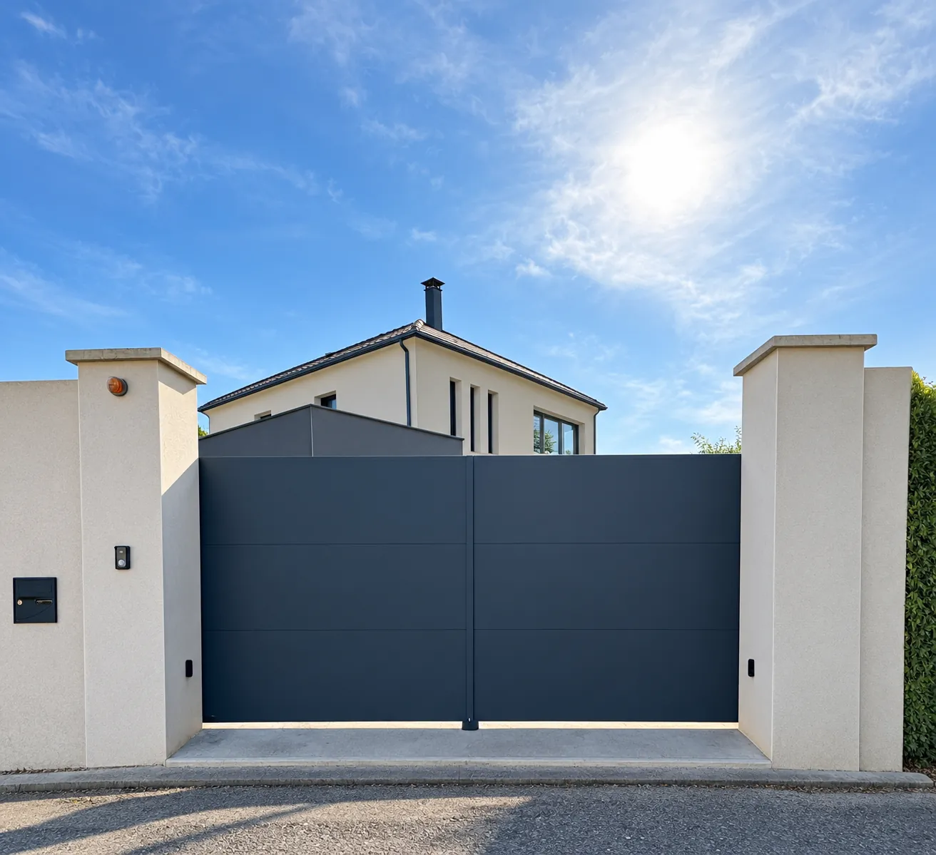 Portail en aluminium anthracite entre deux piliers
